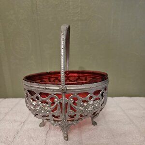 Antique silver-plated sugar basket (bonbon) dish with a cranberry glass liner